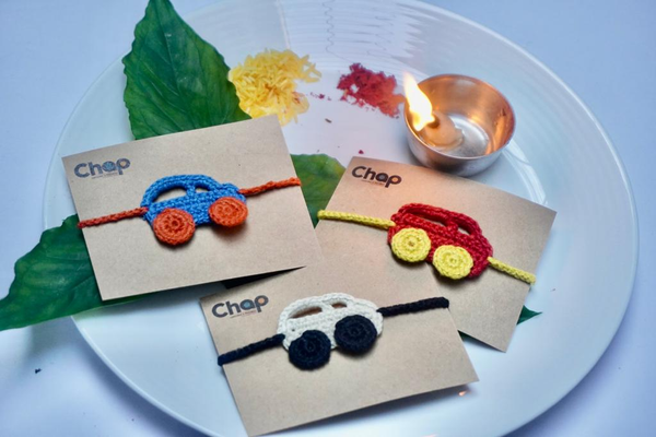 Set of three Zoom Car Crochet Rakhis - Rev Up the Festivities!